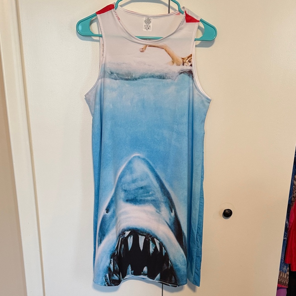 Shark Print Tank Dress Beach Cover Up Novelty Ocean Graphic XS